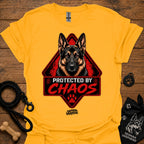 Gold T-shirt with German shepherd face and "Protected by Chaos" graphic