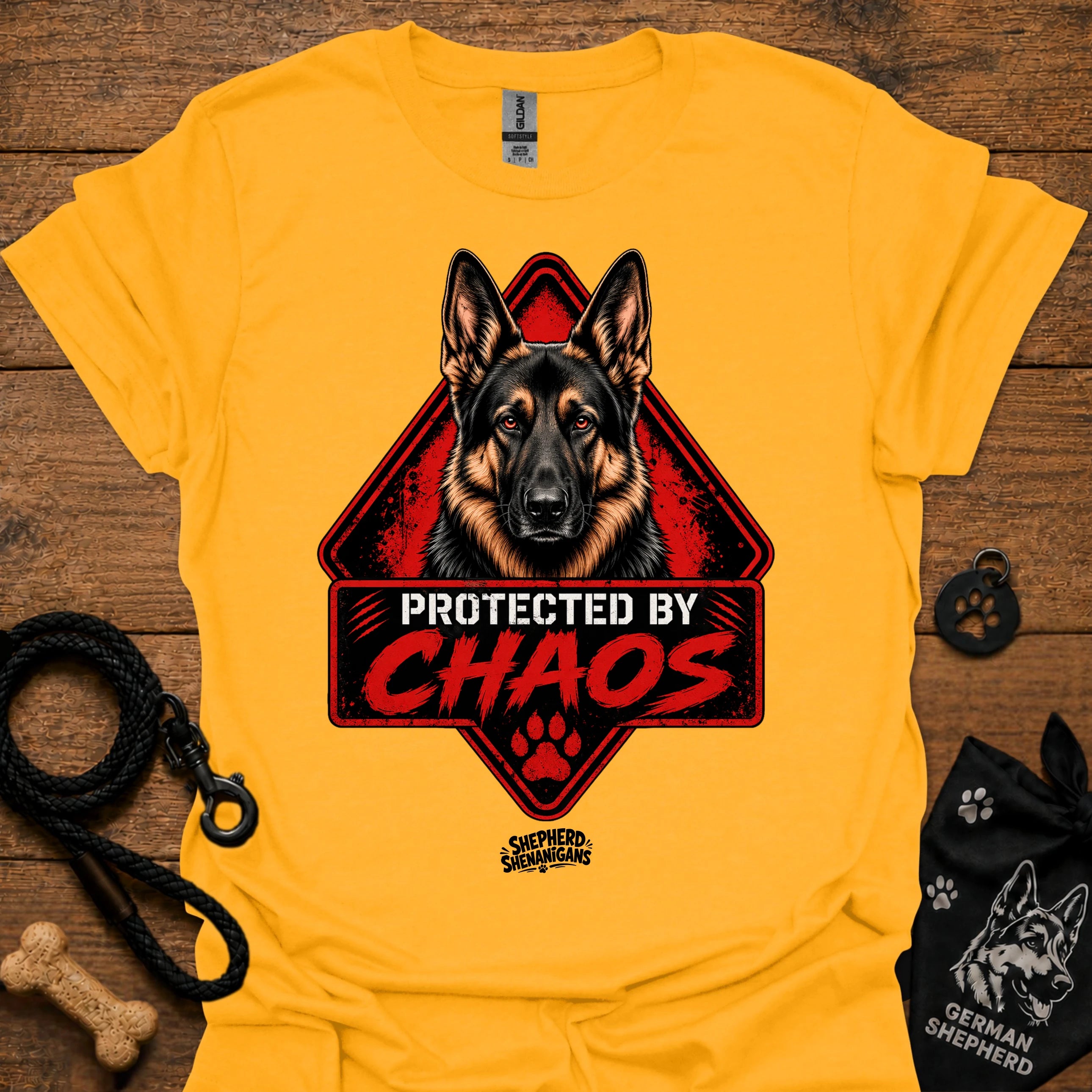 Gold T-shirt with German shepherd face and "Protected by Chaos" graphic