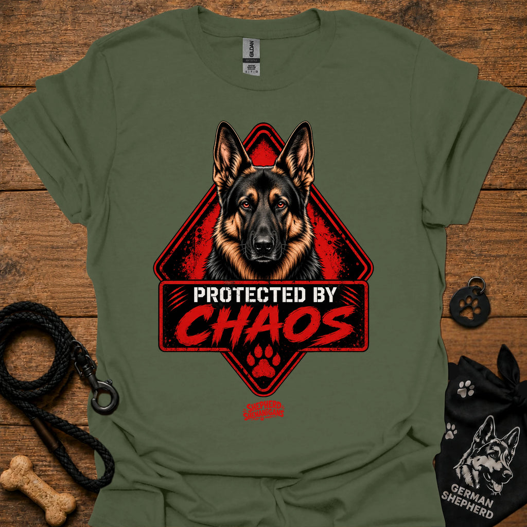 Military green T-shirt with German shepherd face and "Protected by Chaos" graphic