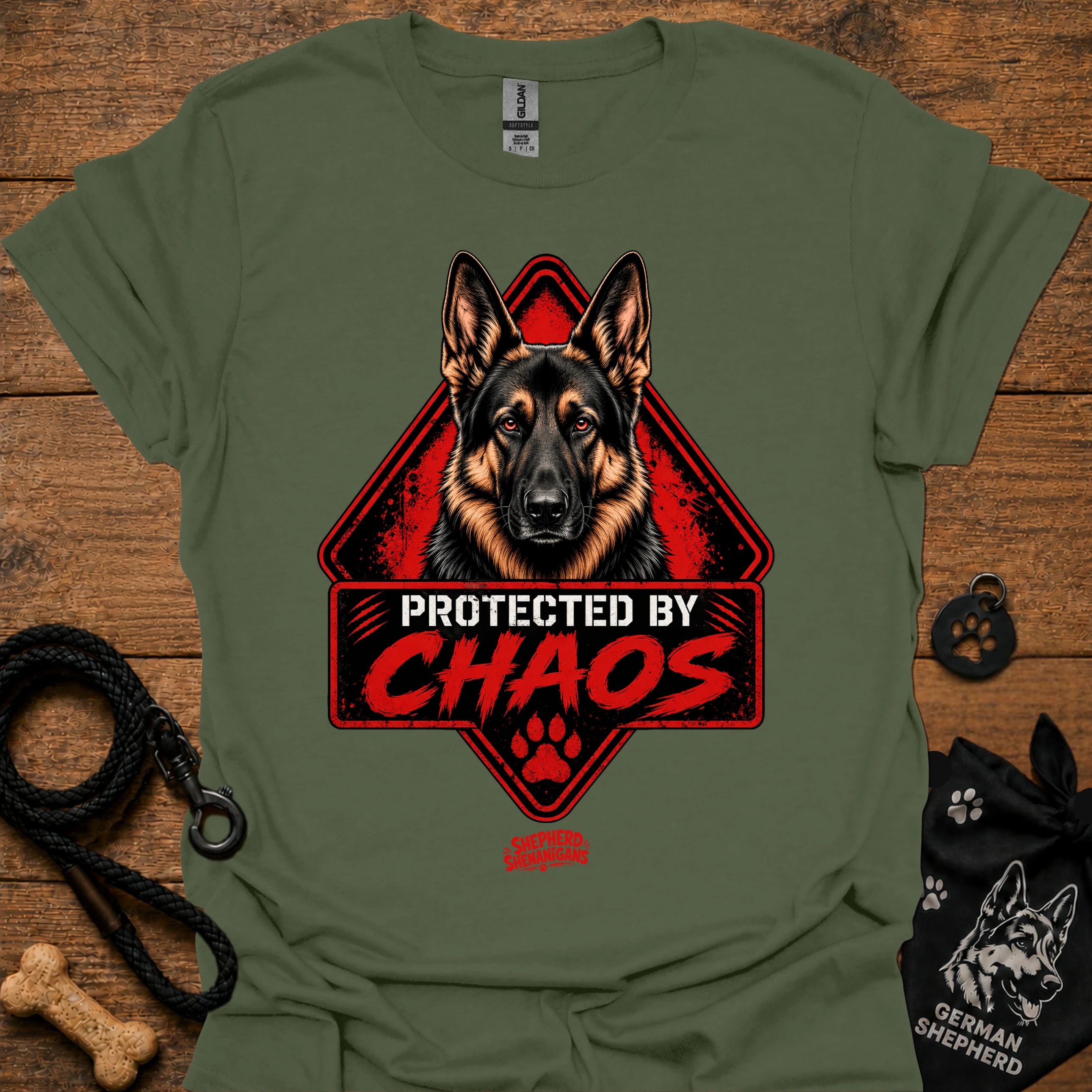 Military green T-shirt with German shepherd face and "Protected by Chaos" graphic