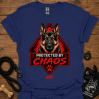 Navy T-shirt with German shepherd face and "Protected by Chaos" graphic