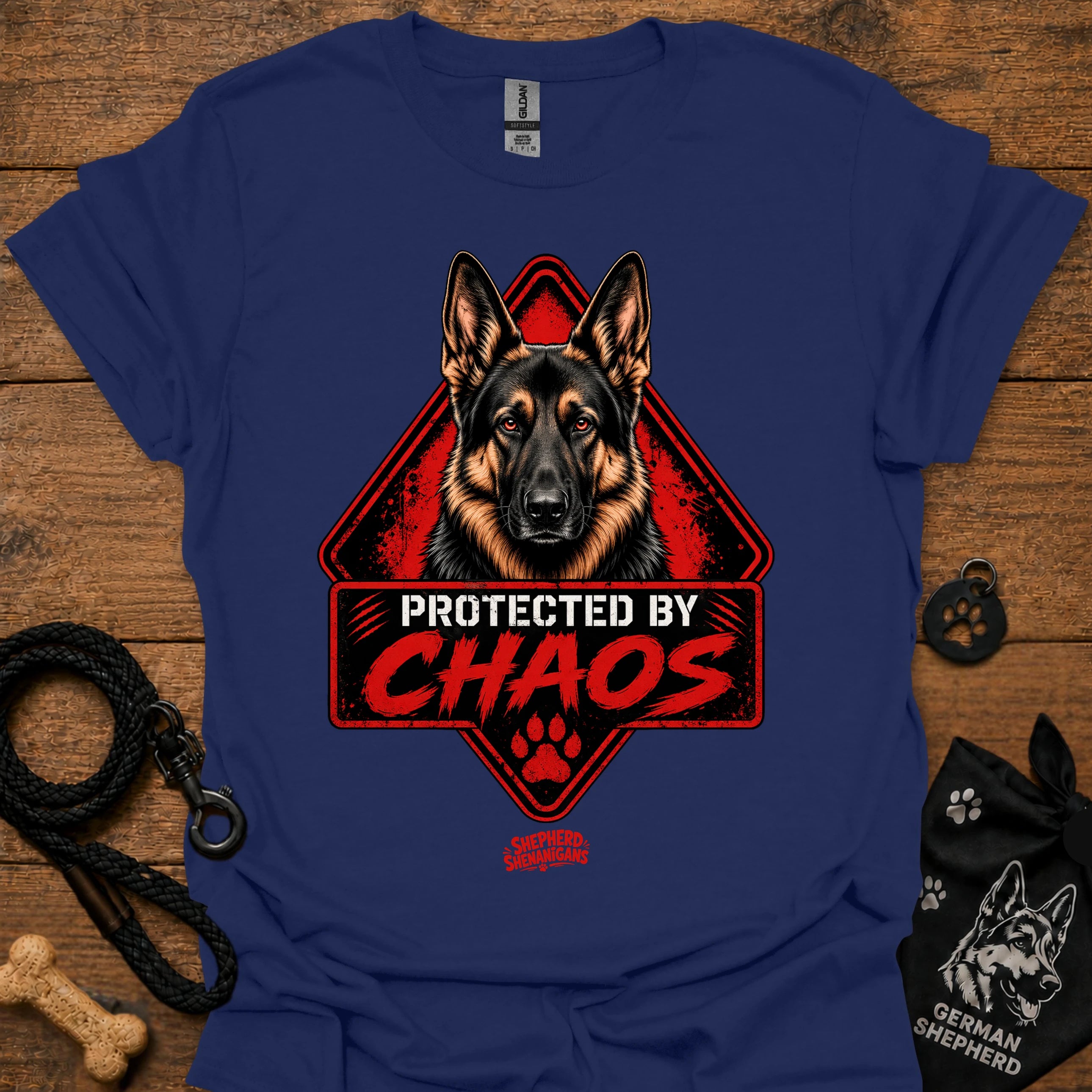 Navy T-shirt with German shepherd face and "Protected by Chaos" graphic