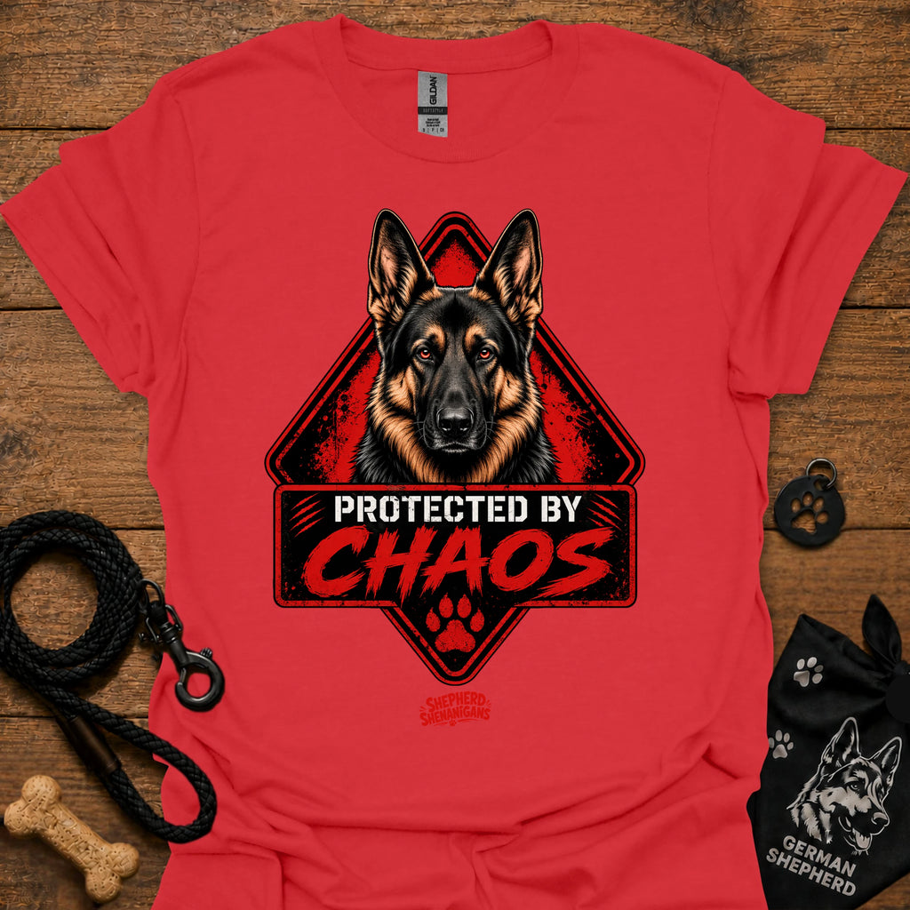 Red T-shirt with German shepherd face and "Protected by Chaos" graphic