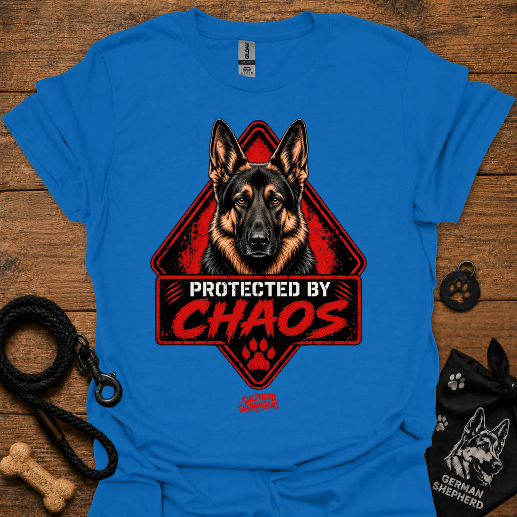 Royal blue T-shirt with German shepherd face and "Protected by Chaos" graphic
