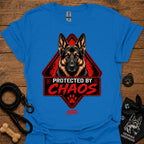 Royal blue T-shirt with German shepherd face and "Protected by Chaos" graphic