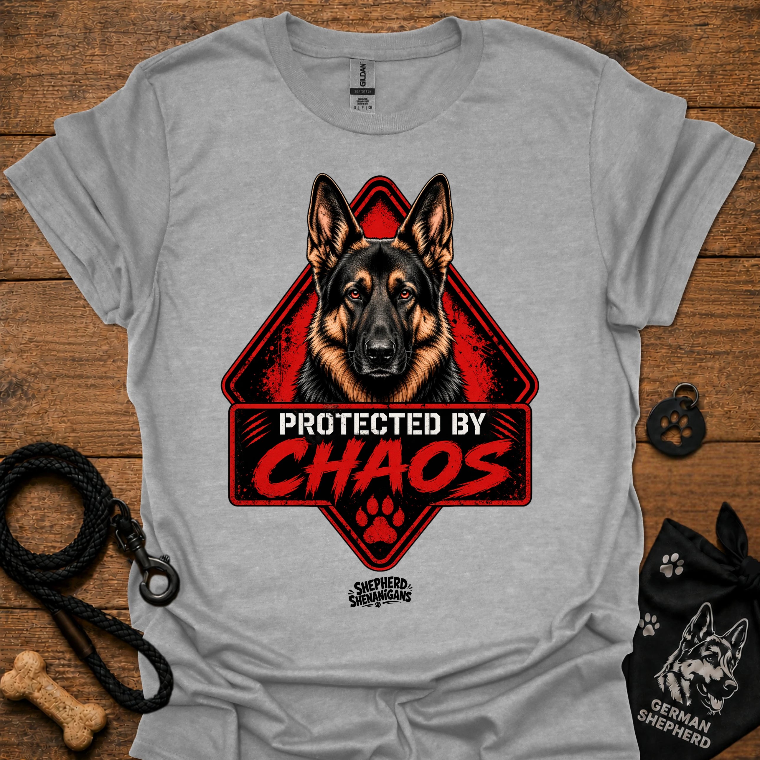 Light gray T-shirt with German shepherd face and "Protected by Chaos" graphic