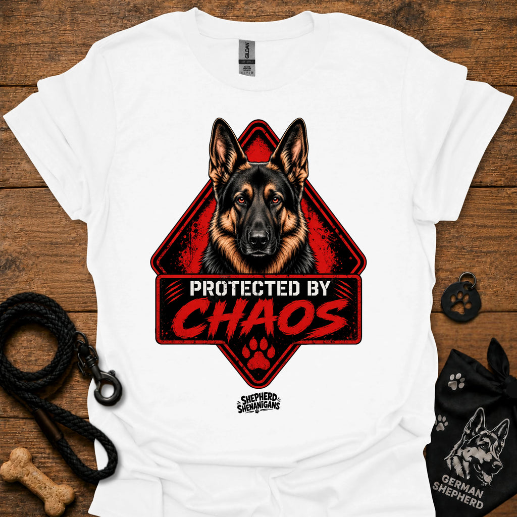 White T-shirt with German shepherd face and "Protected by Chaos" graphic