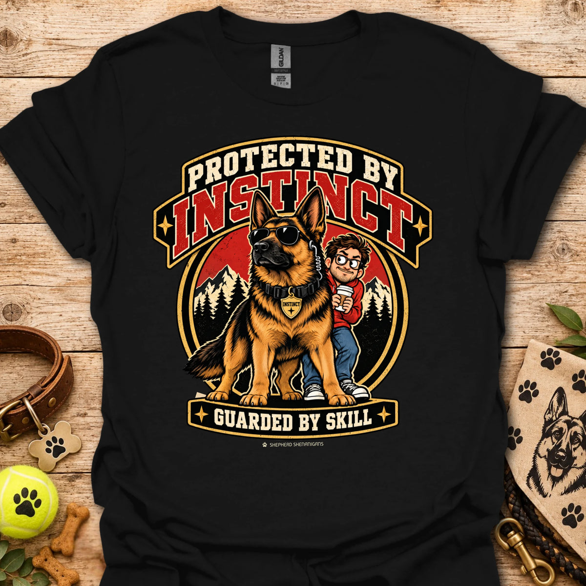 Protected By Instinct T-shirt in black with a German shepherd and child graphic