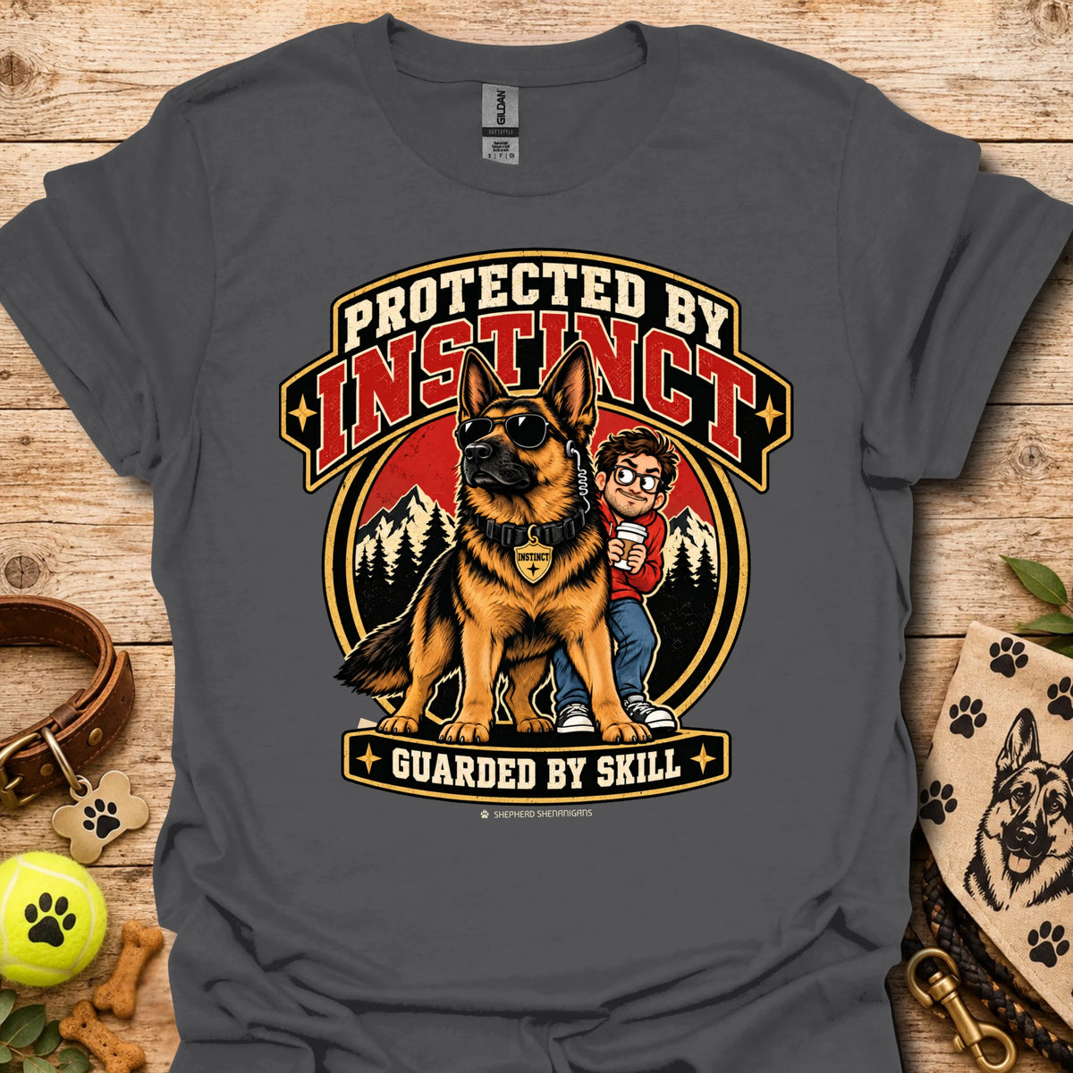 Protected By Instinct T-shirt in charcoal with a German shepherd and child graphic