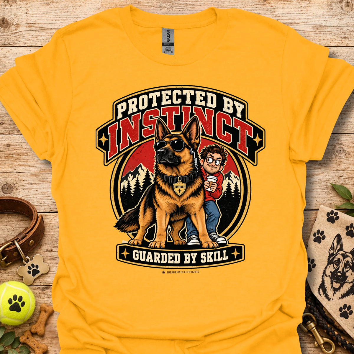 Protected By Instinct T-shirt in gold with a German shepherd and child graphic