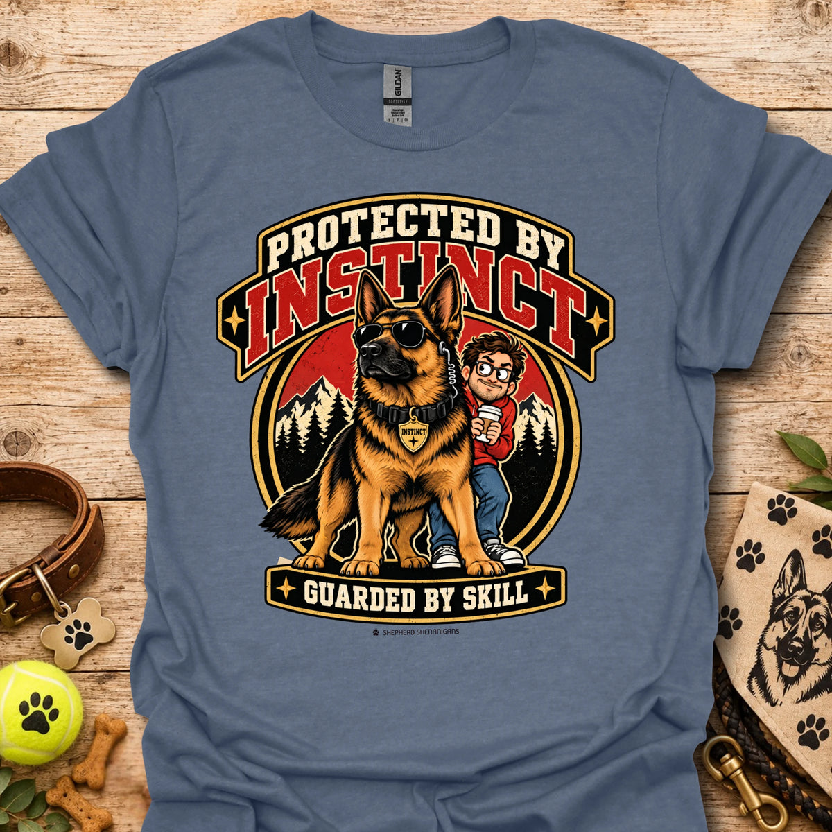 Protected By Instinct T-shirt in heather indigo with a German shepherd and child graphic