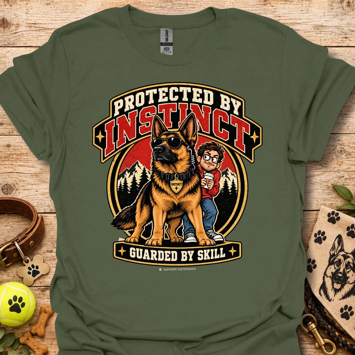 Protected By Instinct T-shirt in military green with a German shepherd and child graphic