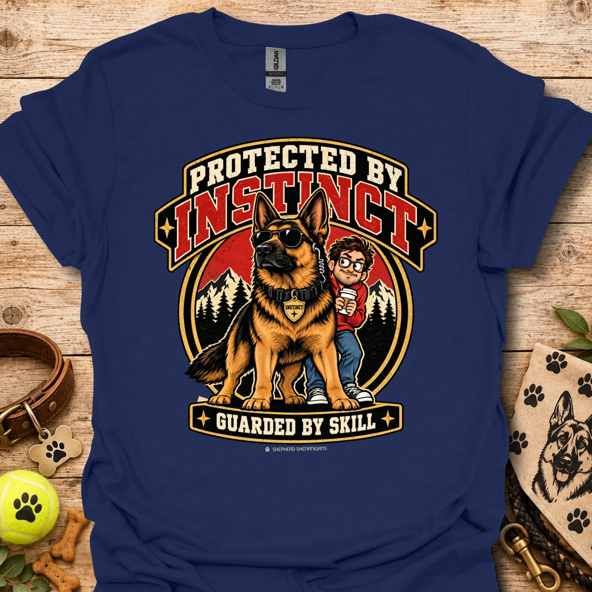 Protected By Instinct T-shirt in navy with a German shepherd and child graphic