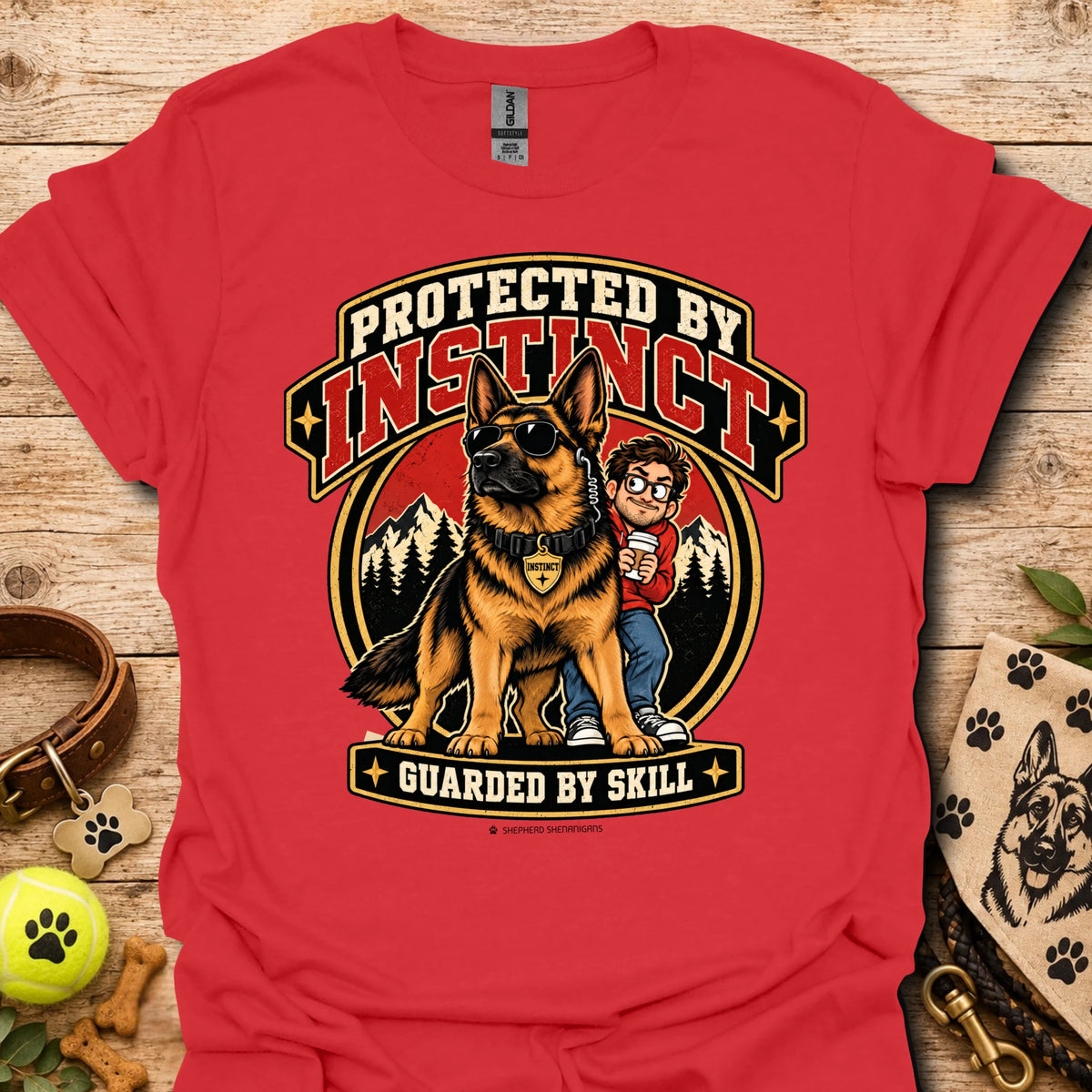 Protected By Instinct T-shirt in red with a German shepherd and child graphic