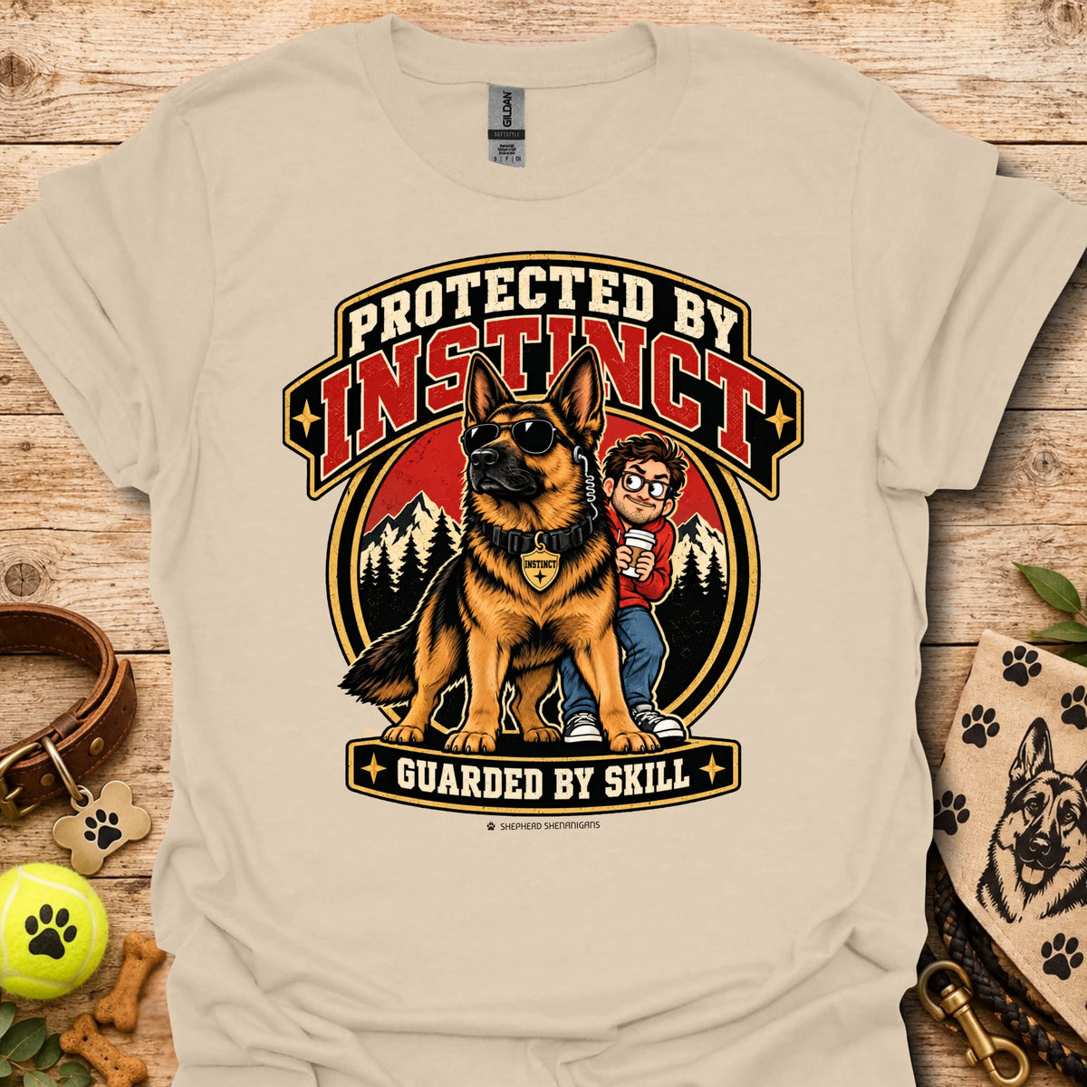 Protected By Instinct T-shirt in sand with a German shepherd and child graphic