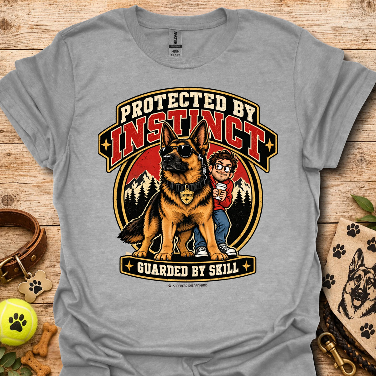 Protected By Instinct T-shirt in sport grey with a German shepherd and child graphic