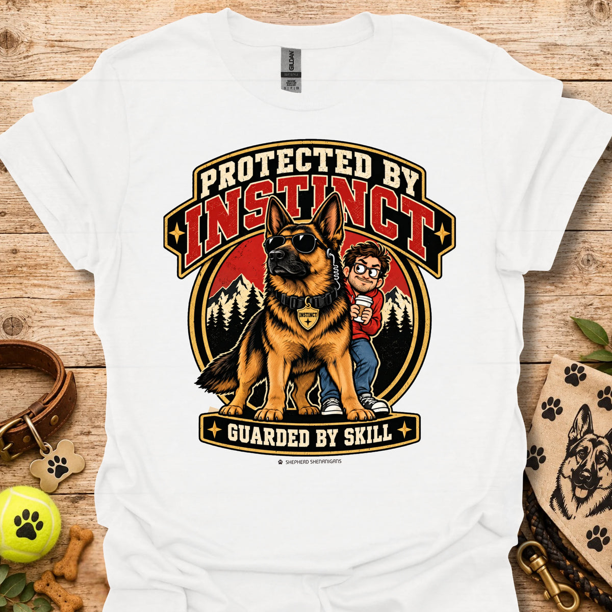 Protected By Instinct T-shirt in white with a German shepherd and child graphic