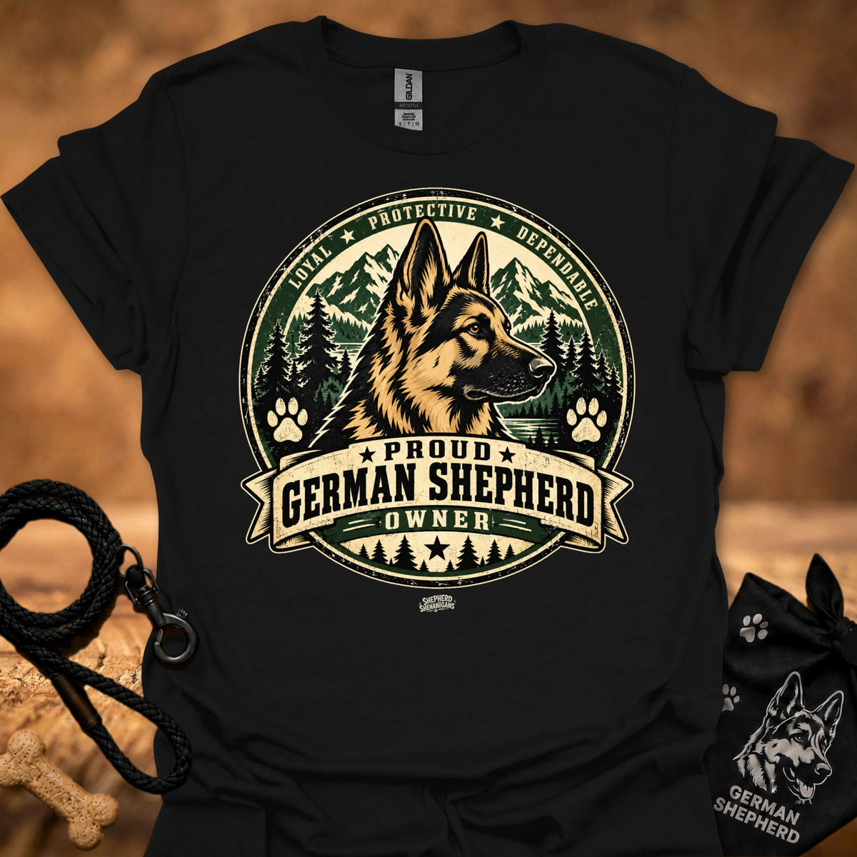 Black short-sleeve T-shirt with large German shepherd crest graphic, “Proud German Shepherd Owner”