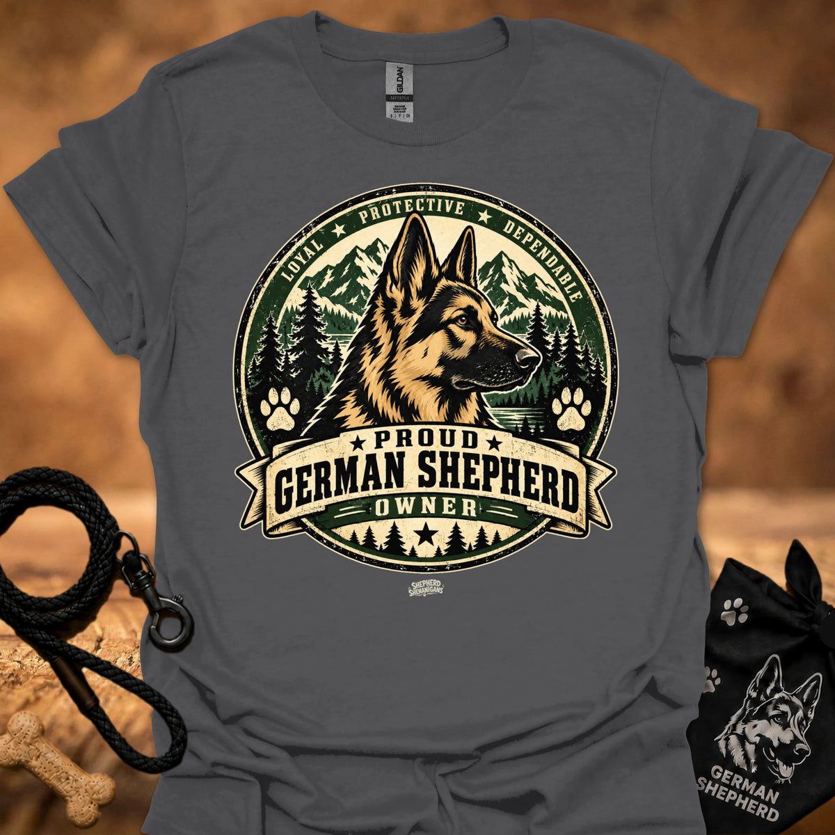 Dark gray short-sleeve T-shirt with large German shepherd crest graphic, “Proud German Shepherd Owner”