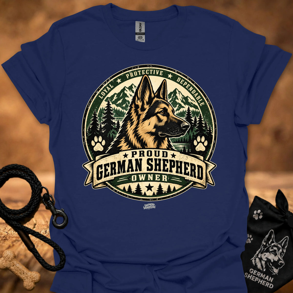 Navy short-sleeve T-shirt with large German shepherd crest graphic, “Proud German Shepherd Owner”