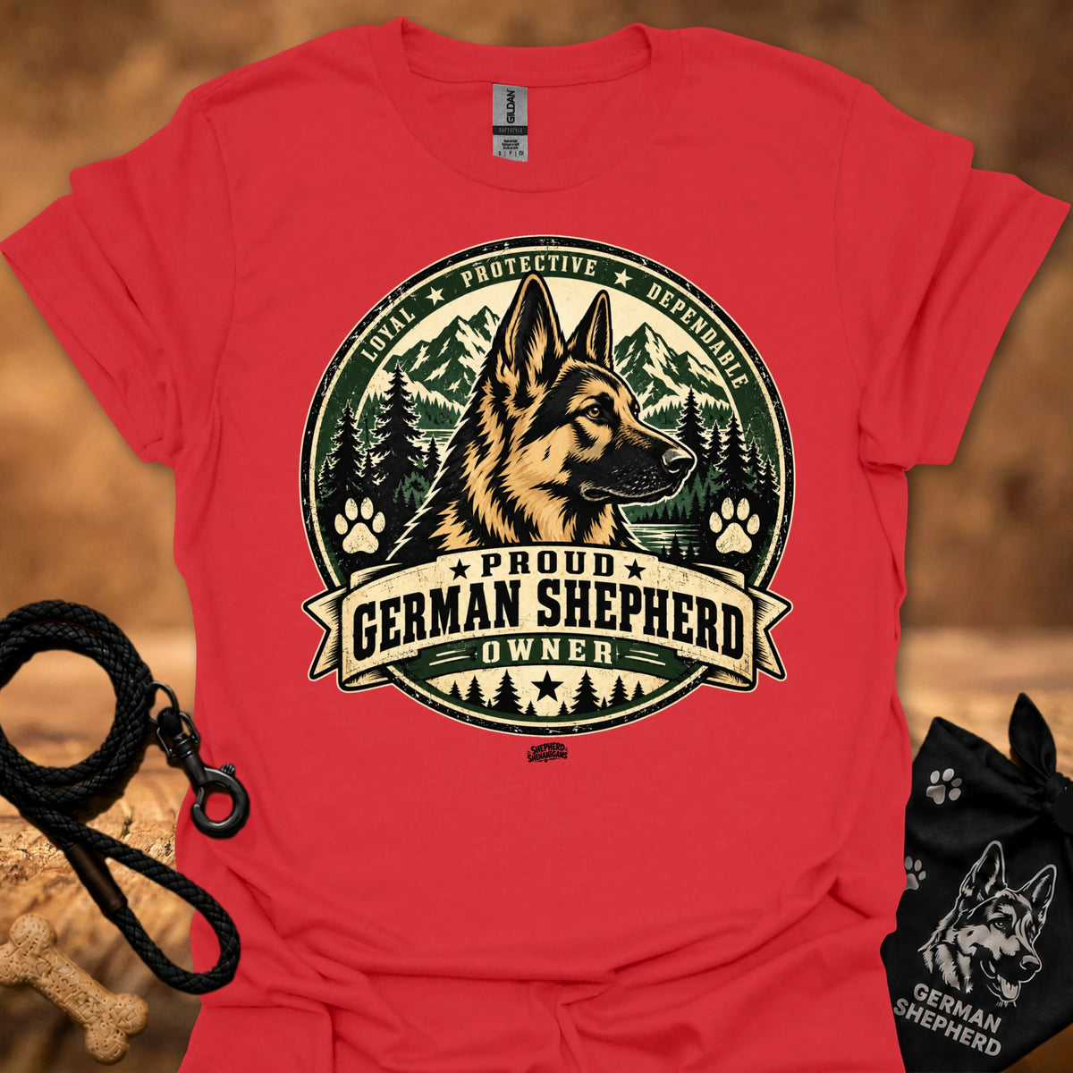 Red short-sleeve T-shirt with large German shepherd crest graphic, “Proud German Shepherd Owner”
