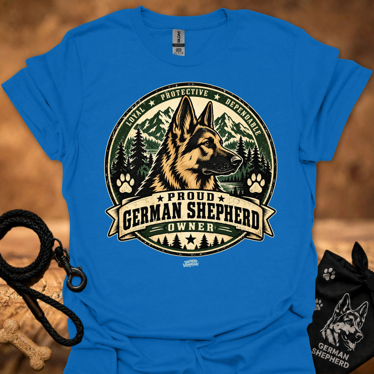 Royal blue short-sleeve T-shirt with large German shepherd crest graphic, “Proud German Shepherd Owner”