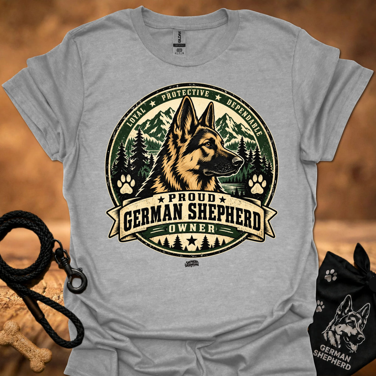 Light gray short-sleeve T-shirt with large German shepherd crest graphic, “Proud German Shepherd Owner”