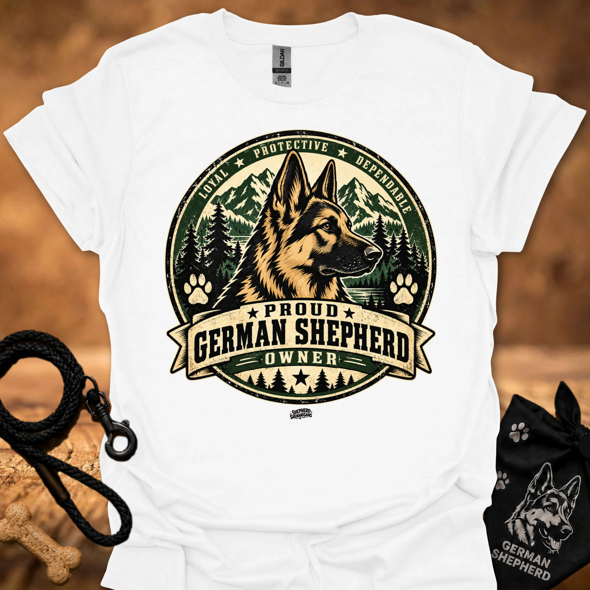 White short-sleeve T-shirt with large German shepherd crest graphic, “Proud German Shepherd Owner”