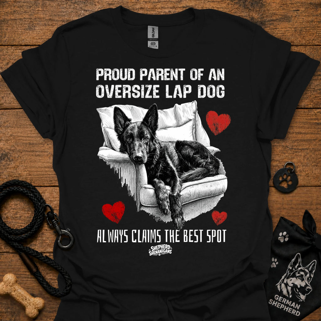 Black T-shirt with black/white oversize lap dog graphic and red hearts text