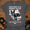 Charcoal T-shirt with black/white oversize lap dog graphic and red hearts text