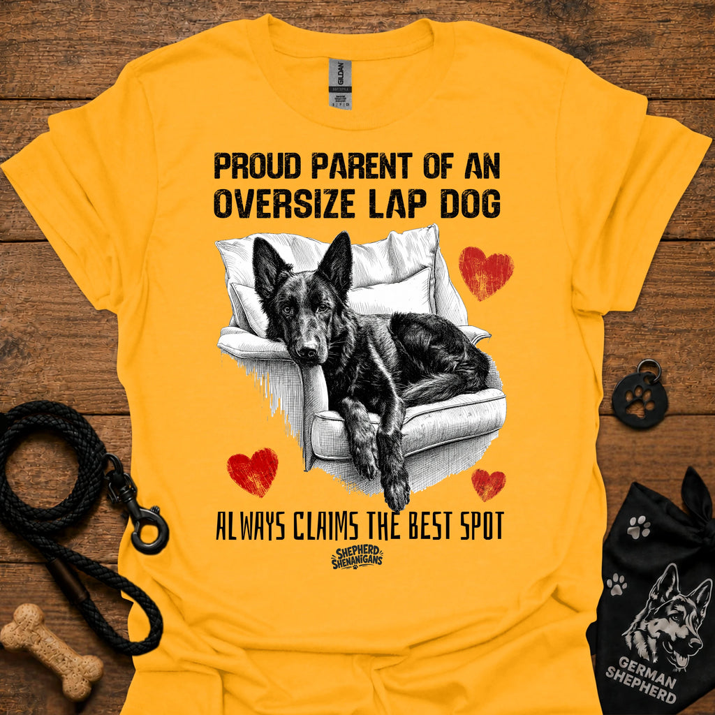Gold T-shirt with black/white oversize lap dog graphic and red hearts phrase