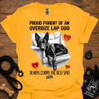 Gold T-shirt with black/white oversize lap dog graphic and red hearts phrase
