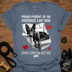 Heathered blue T-shirt with black/white oversize lap dog graphic and red hearts