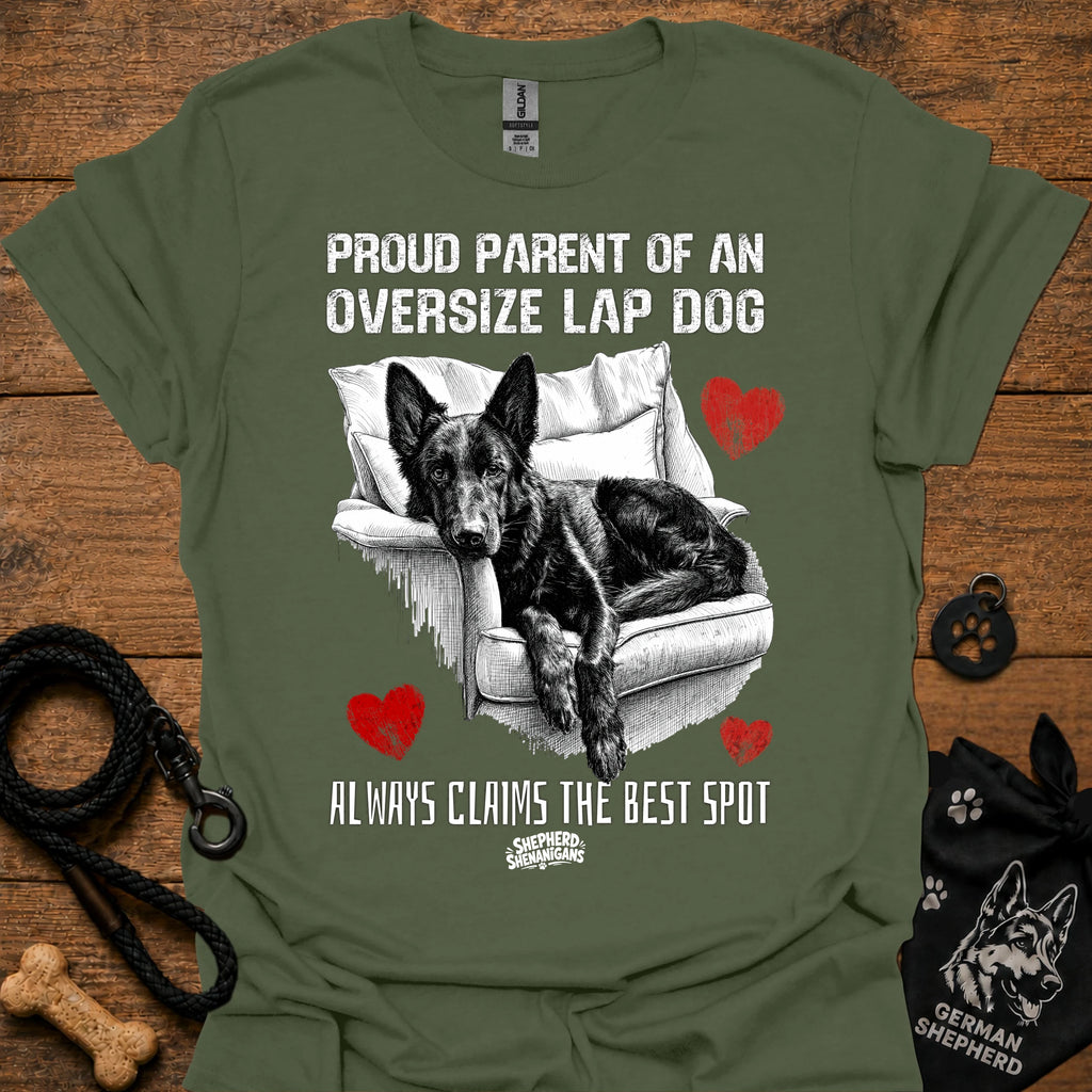 Military green T-shirt with black/white oversize lap dog graphic and red hearts