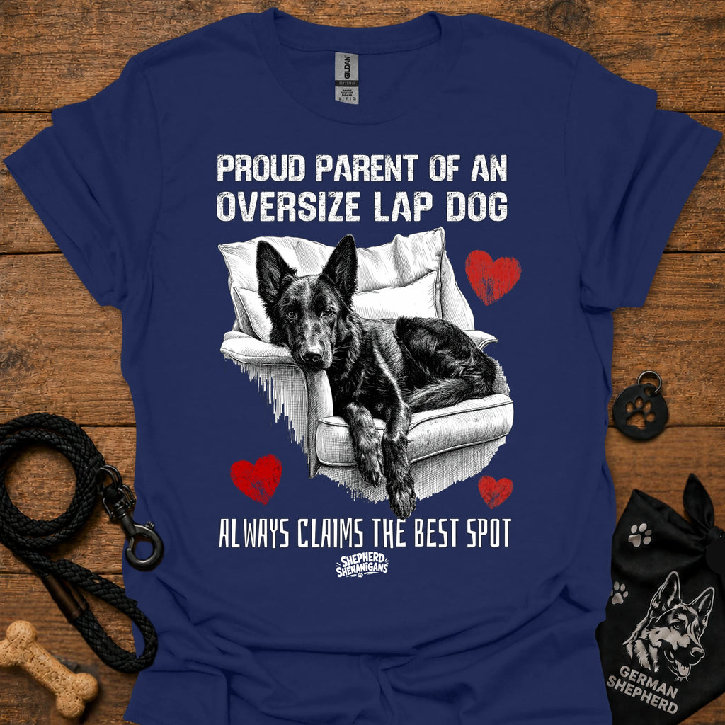 Navy T-shirt with black/white oversize lap dog graphic and red hearts lettering