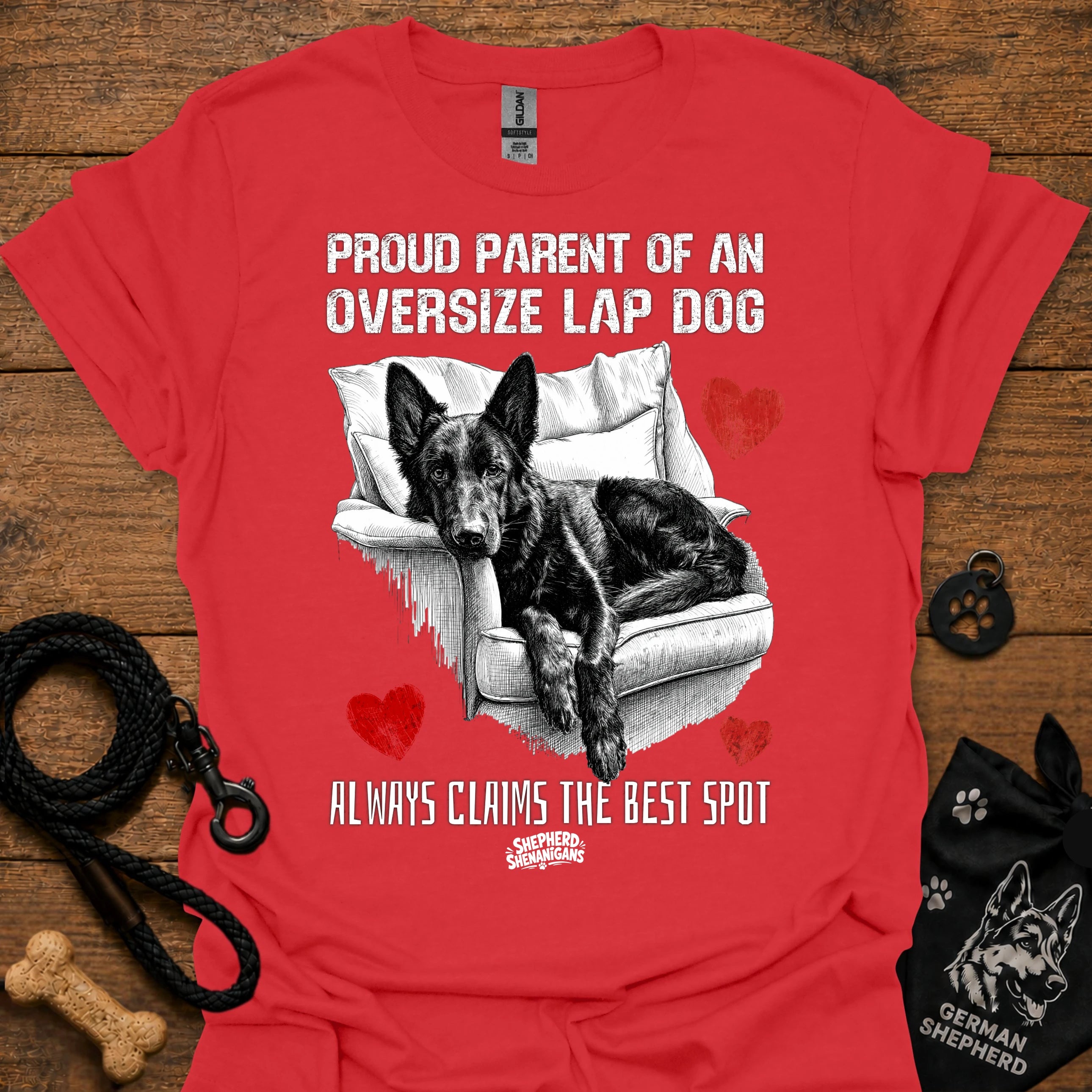 Red T-shirt with black/white oversize lap dog graphic and red hearts phrase