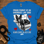 Royal blue T-shirt with black/white oversize lap dog graphic and red hearts text