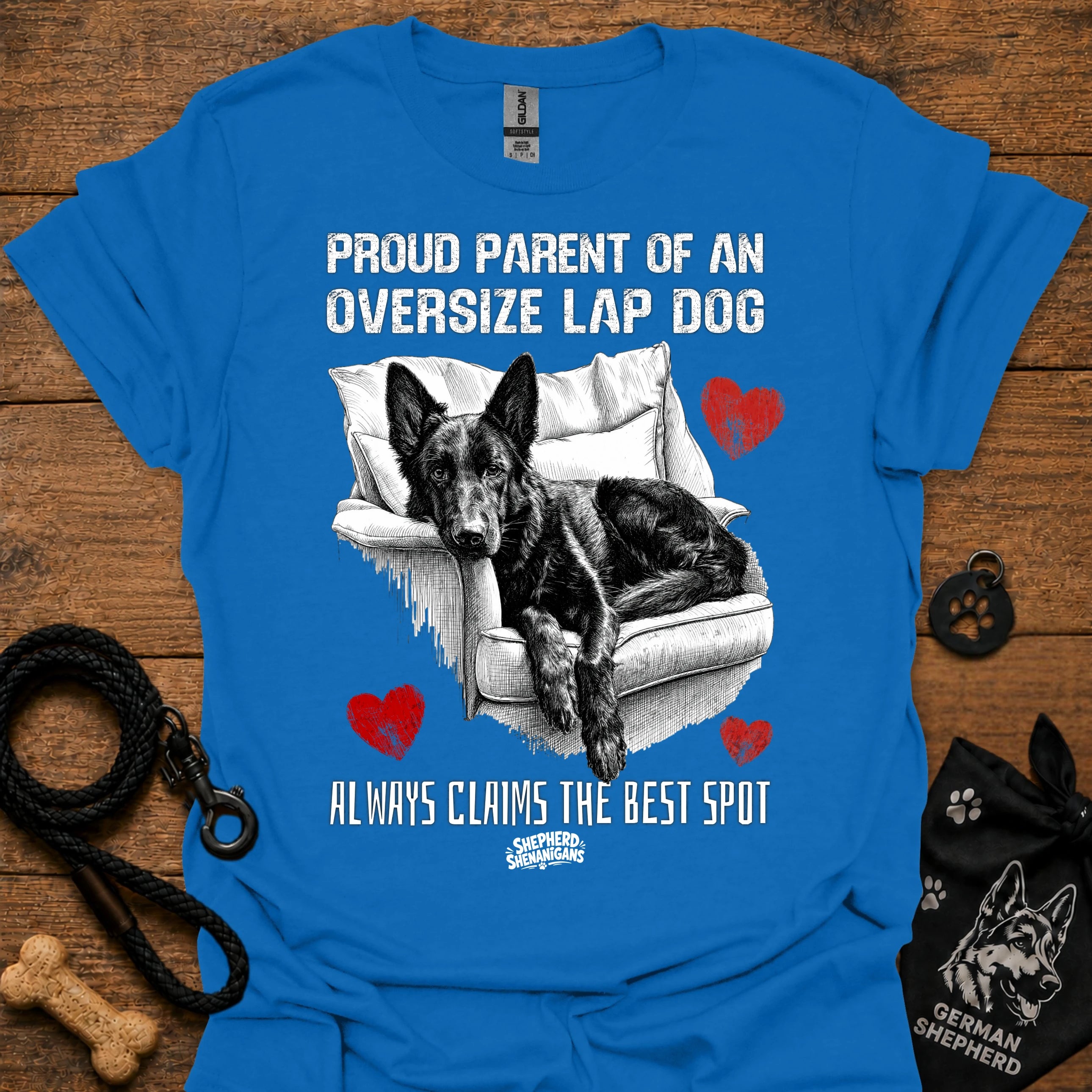 Royal blue T-shirt with black/white oversize lap dog graphic and red hearts text