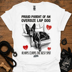 White T-shirt with black/white oversize lap dog graphic and red hearts lettering