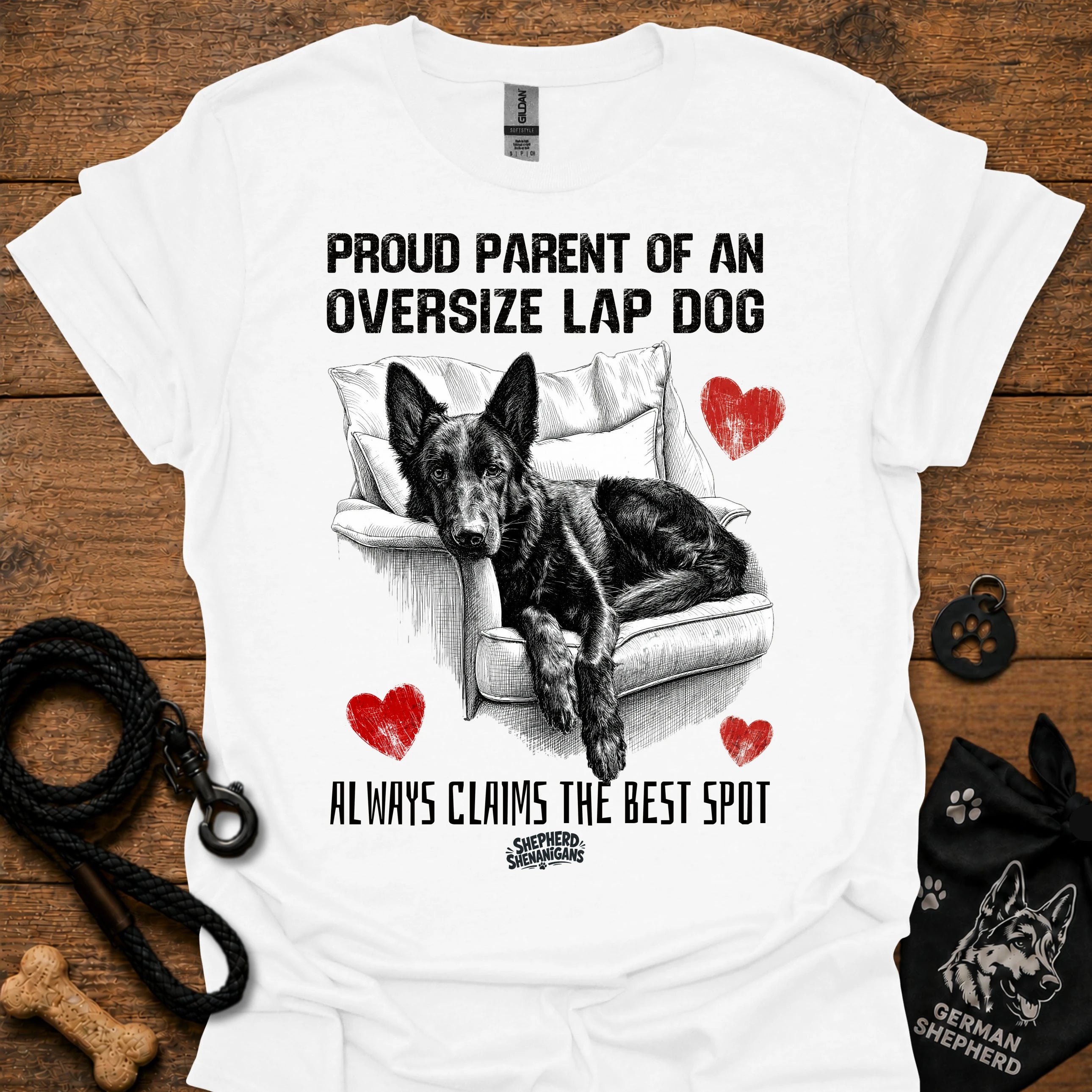 White T-shirt with black/white oversize lap dog graphic and red hearts lettering