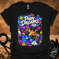 Black T-shirt with colorful Puppy Dreams graphic of a sleeping puppy and stars.
