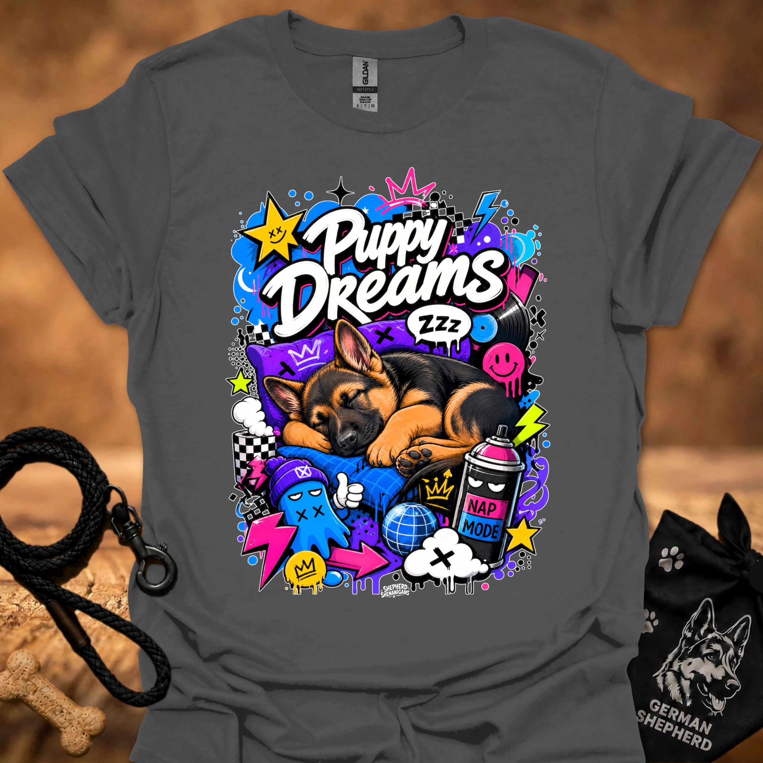 Dark gray T-shirt with colorful Puppy Dreams graphic of sleeping puppy and icons.