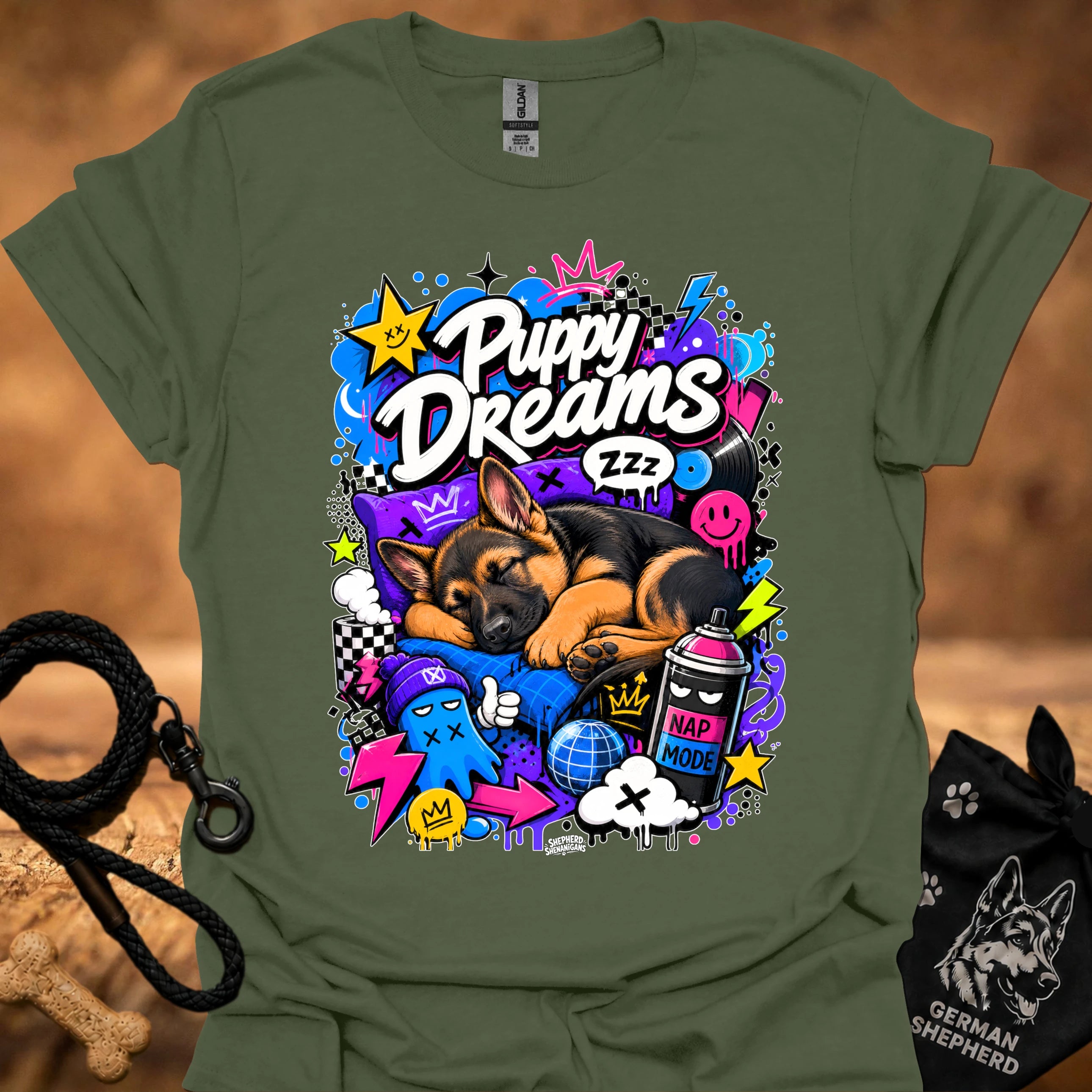 Military green T-shirt with colorful Puppy Dreams graphic featuring a sleeping puppy.