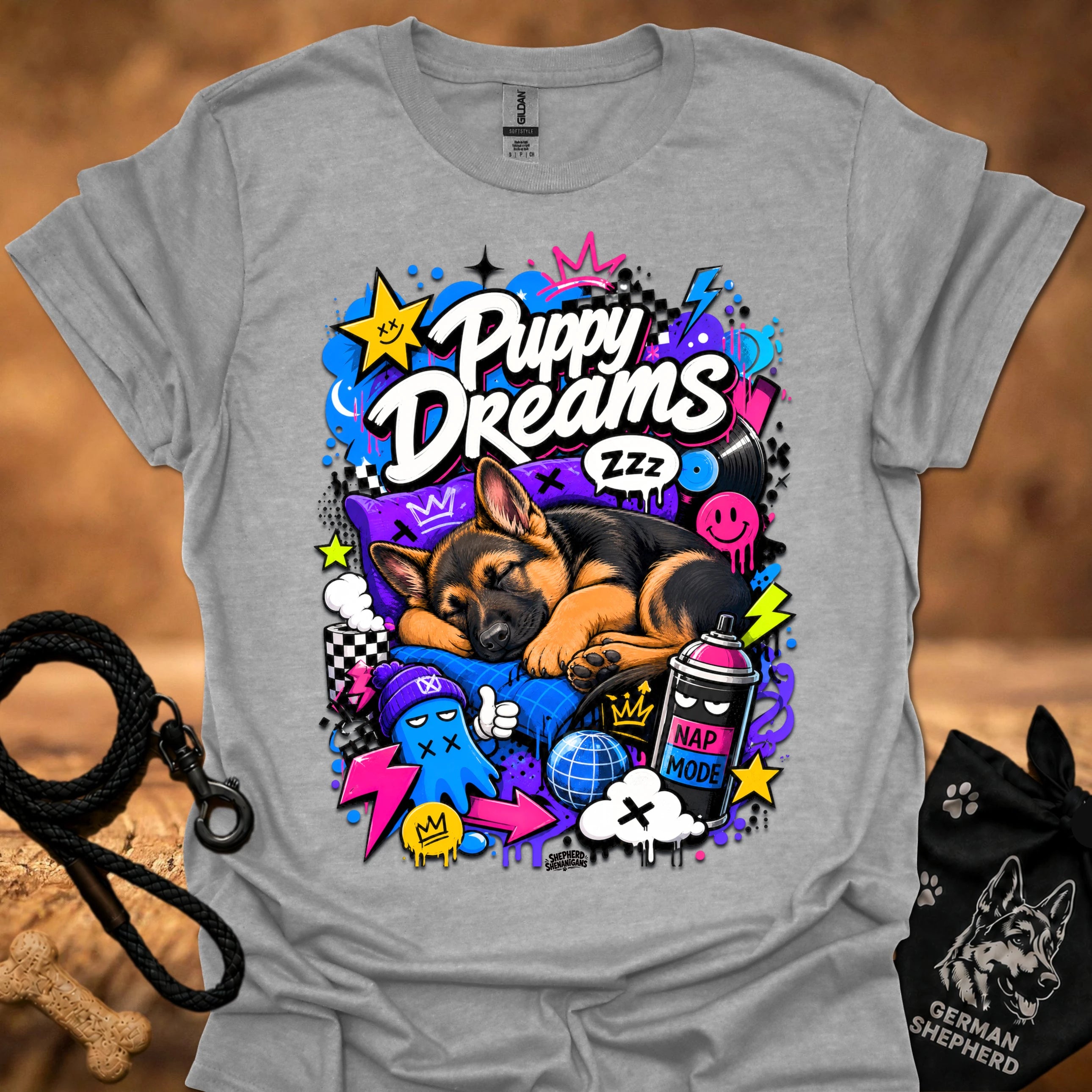 Heather gray T-shirt with colorful Puppy Dreams graphic showing a sleeping puppy.