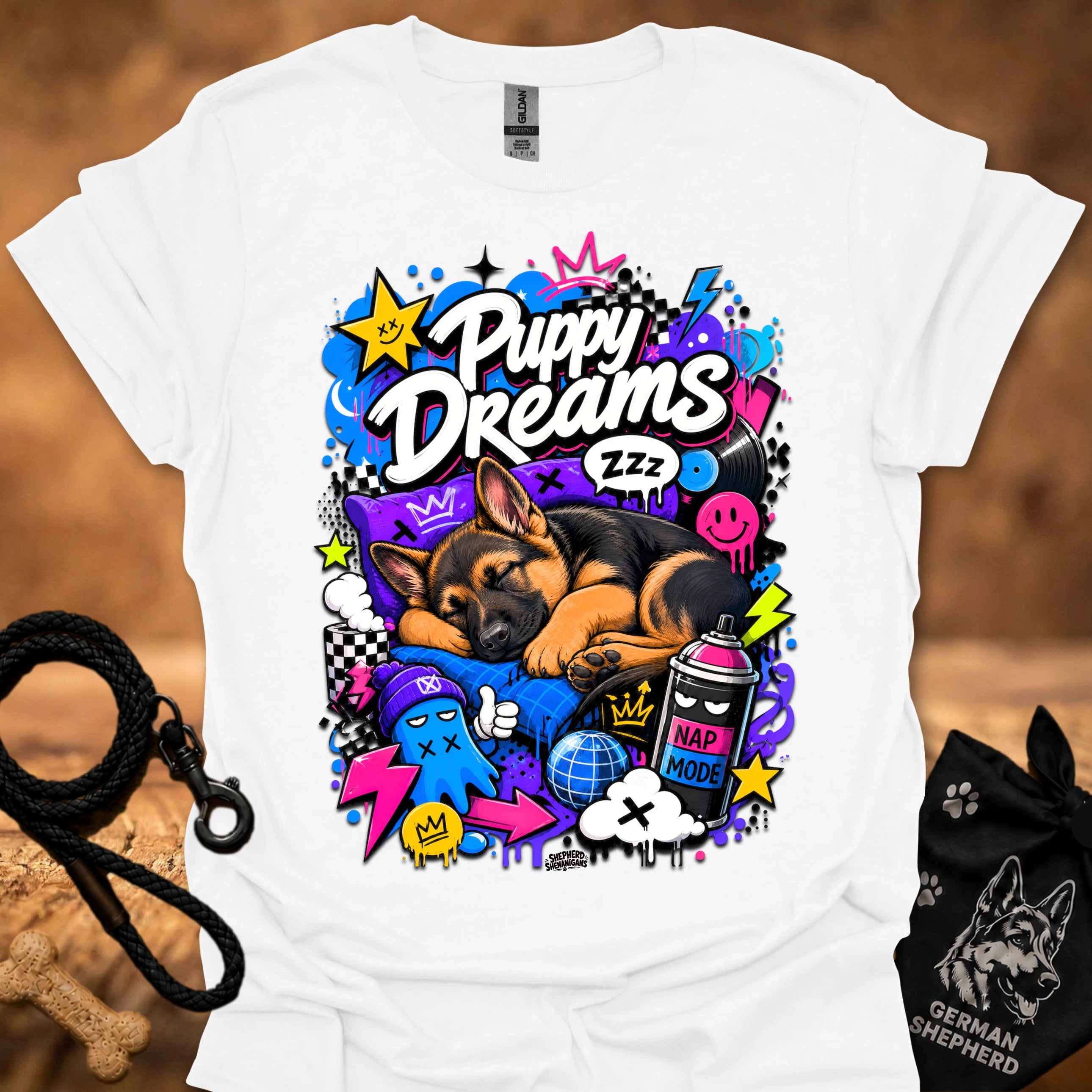 White T-shirt with colorful Puppy Dreams graphic of a sleeping puppy and fun icons.