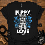 Black crewneck t-shirt with Puppy Love dog graphic