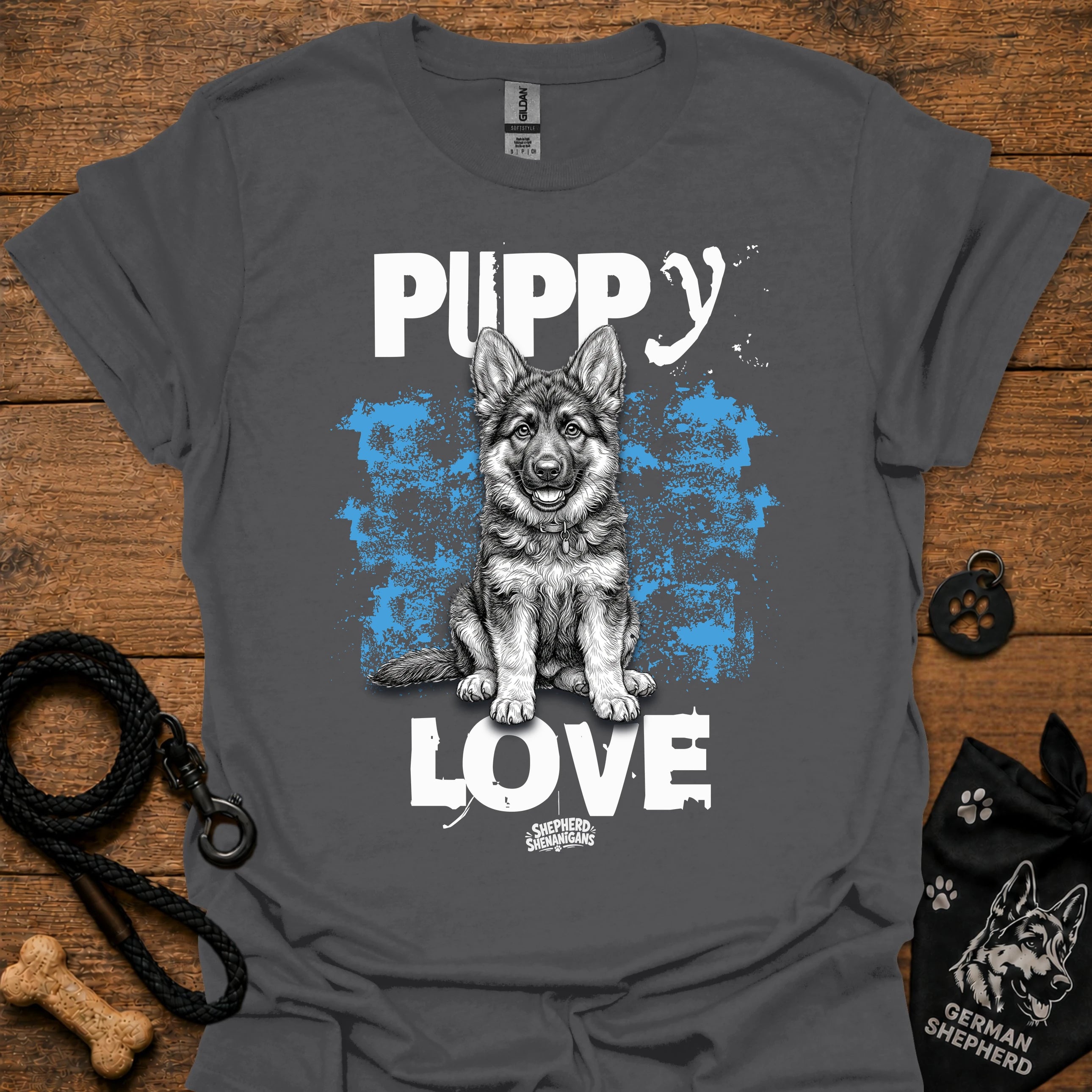 Charcoal gray crewneck t-shirt with Puppy Love dog graphic