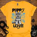 Gold crewneck t-shirt with Puppy Love dog graphic