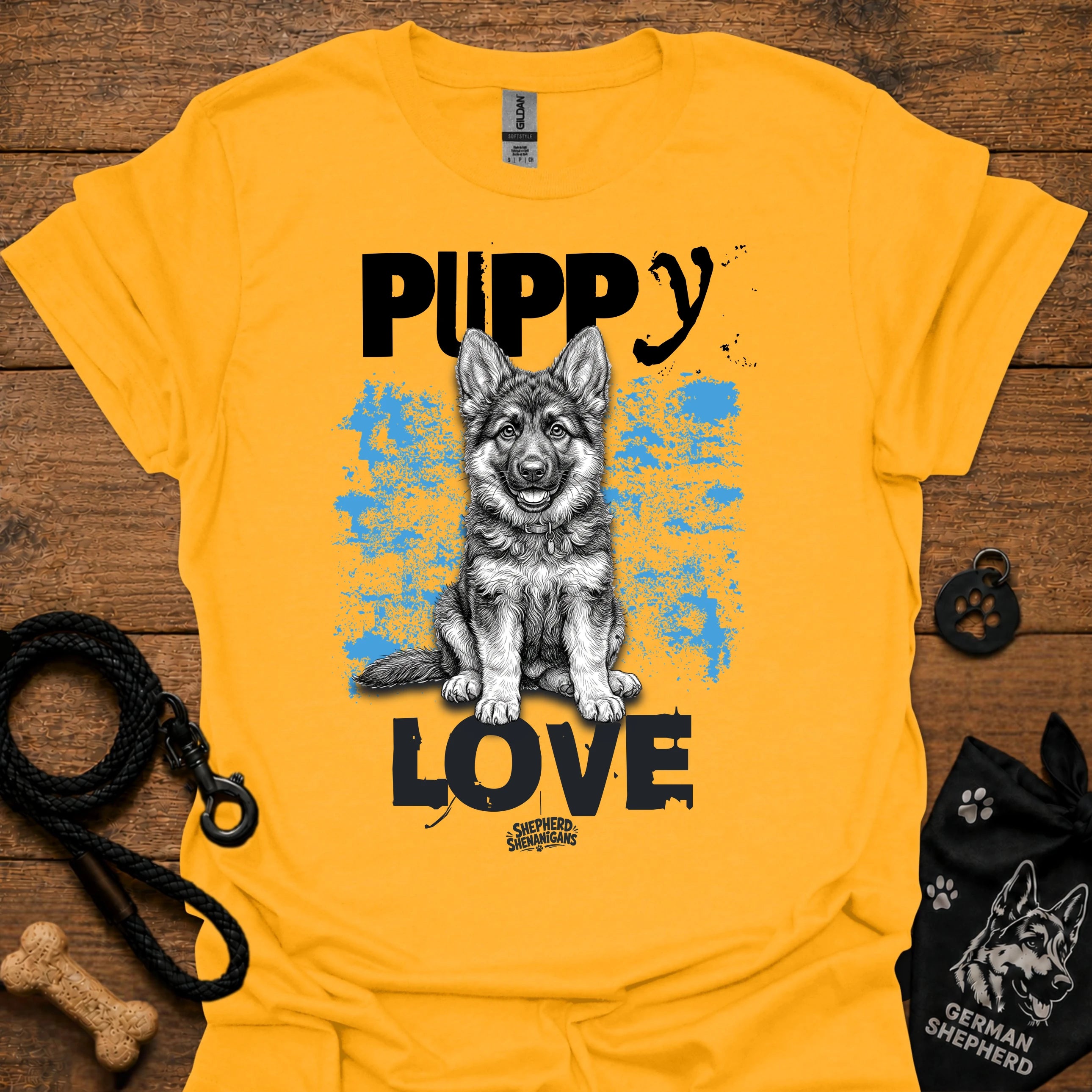 Gold crewneck t-shirt with Puppy Love dog graphic