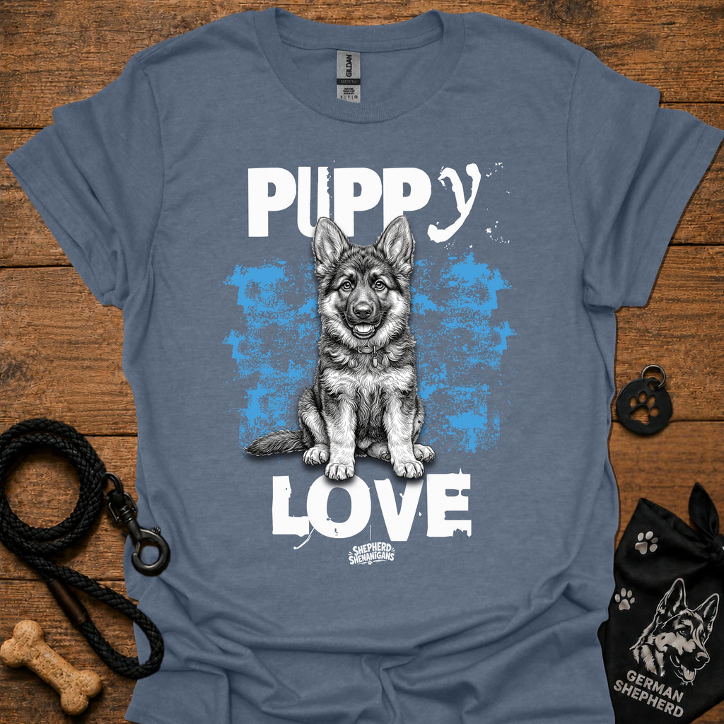 Steel blue crewneck t-shirt with Puppy Love dog graphic